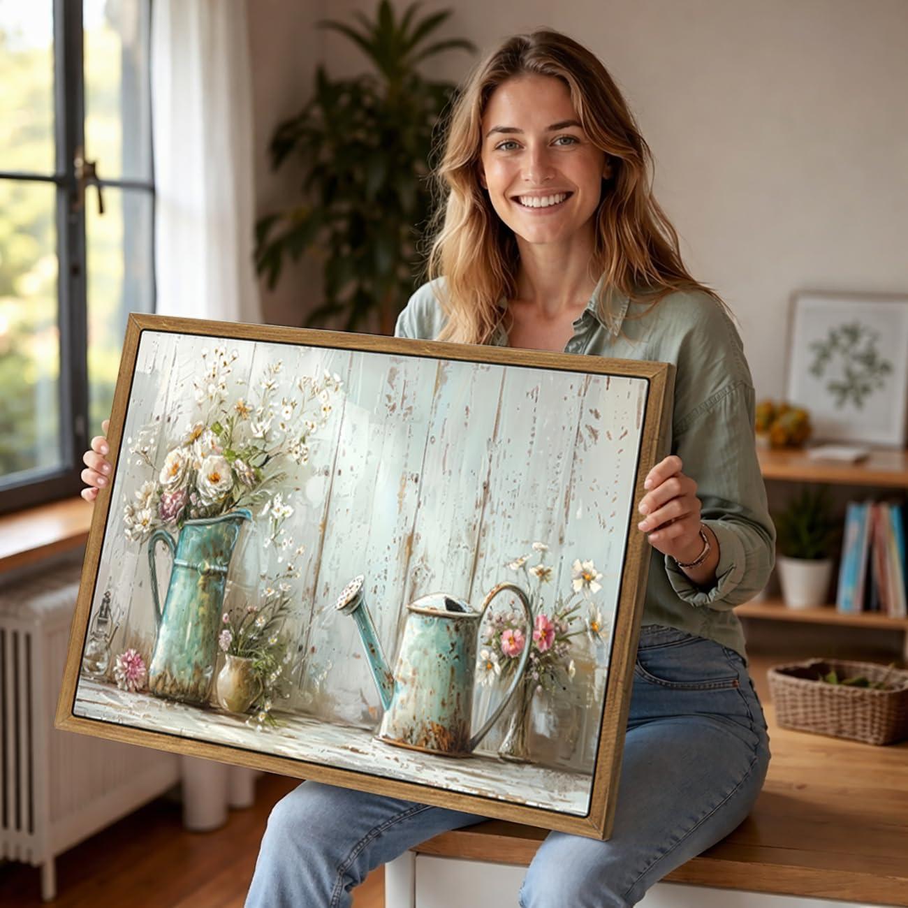 Framed Farmhouse Floral Wall Art Vintage Rustic Flower Canvas Painting White Daisy Flowers Watering Can Decor Country Cottage Botanical Picture for Bathroom Bedroom Kitchen Home Decor 12x16 Inch