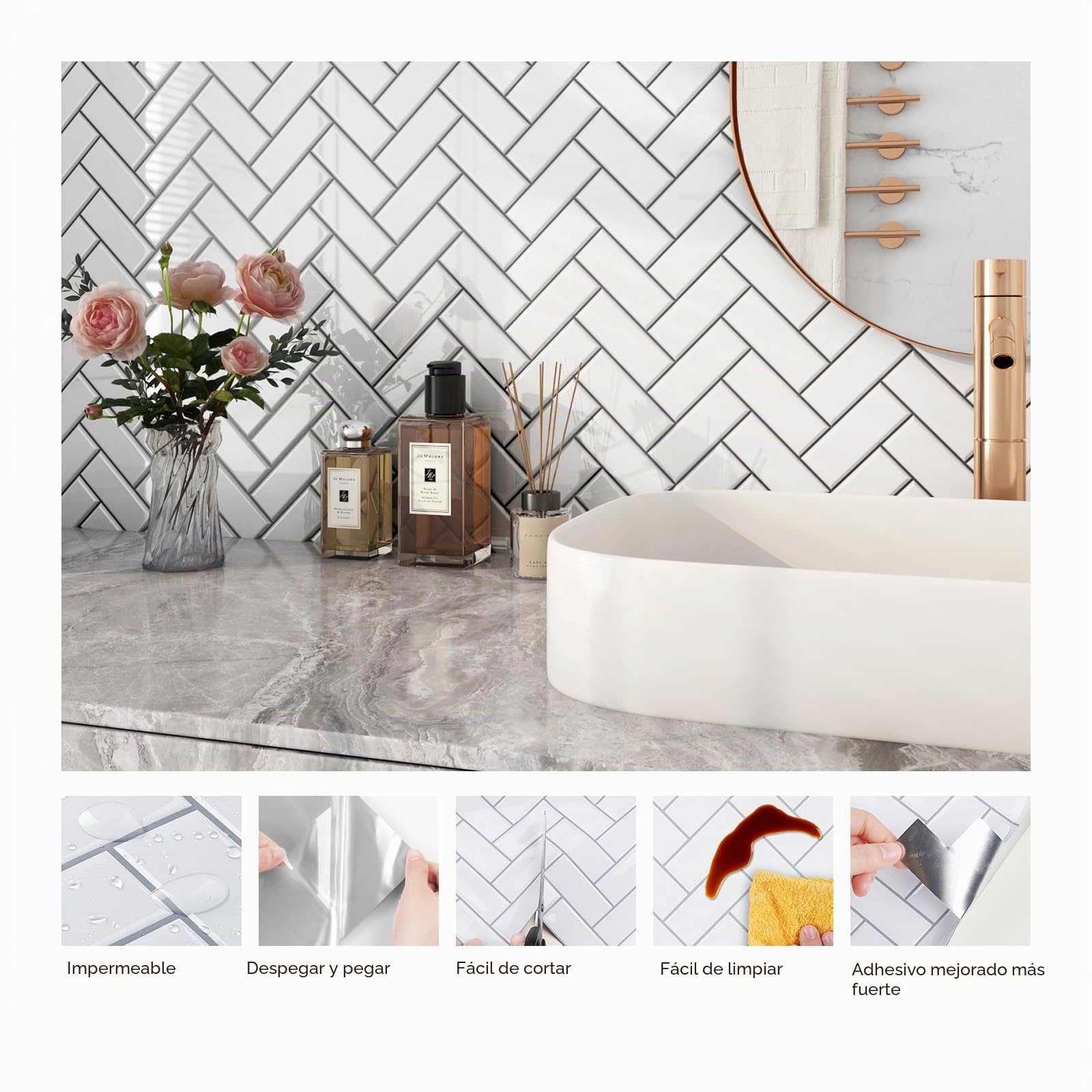 FunStick 30x30CM 30 Baldosas Adhesivas Pared Cocina Blancas 3D Vinilicas Adhesivas Pared Blanco Vinilos Azulejos Cocina Lavable