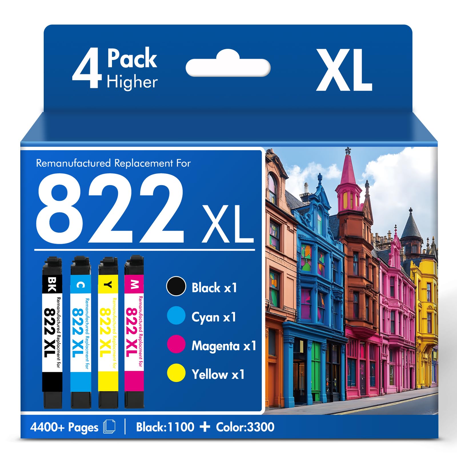 Remanufactured Replacement for 822XL WF-3820 Printer Ink Cartridges Combo Pack Compatible for 822 for Epson Workforce Pro WF-4830 WF-4820 WF-4833 WF-4834 WF-3823 (4 Pack, Black Cyan Magenta Yellow)