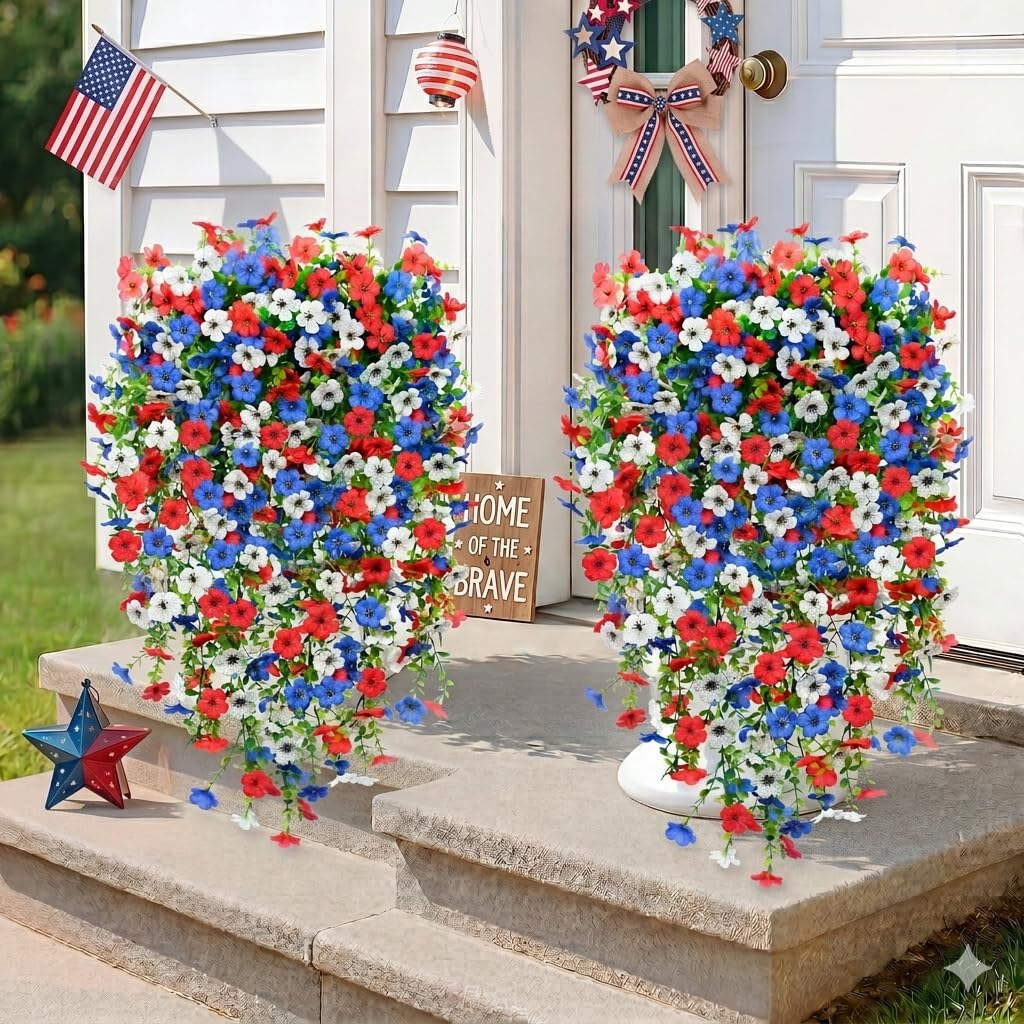 Artificial Flowers for Outdoors, 8PCS 4th of July Decorations, Independence Day Patriotic Red White and Blue Fake Flowers for Outdoor Planters, Hanging Plants for Porch, Patio, Yard