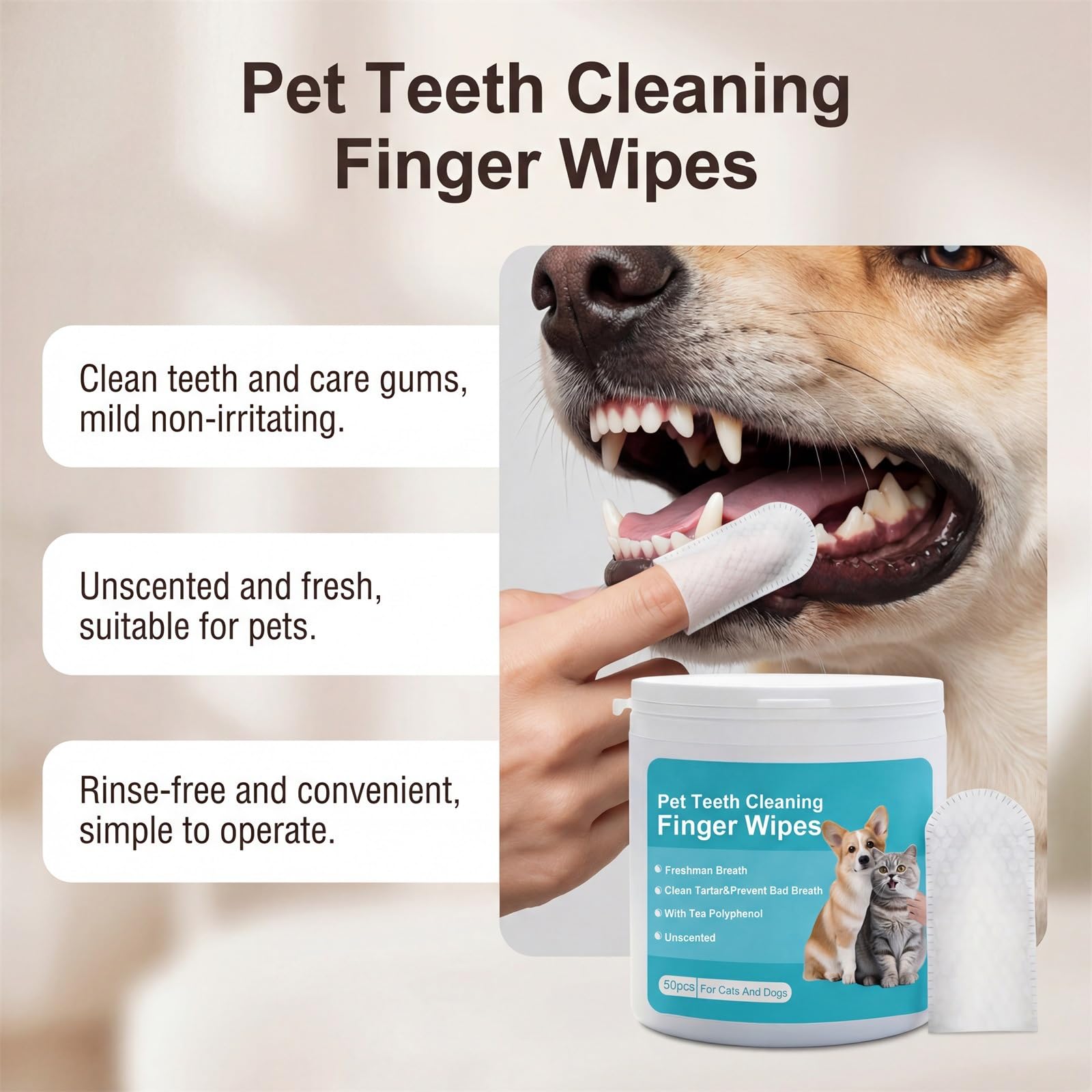 2026 New Natural Pet Dental Finger Wipes, Clean Teeth & Fresh Breath for Dogs & Cats, Dental Wipes, Natural Pet Oral Care, Plaque & Tartar Remover, Bad Breath Freshener (1cans+ear clean)