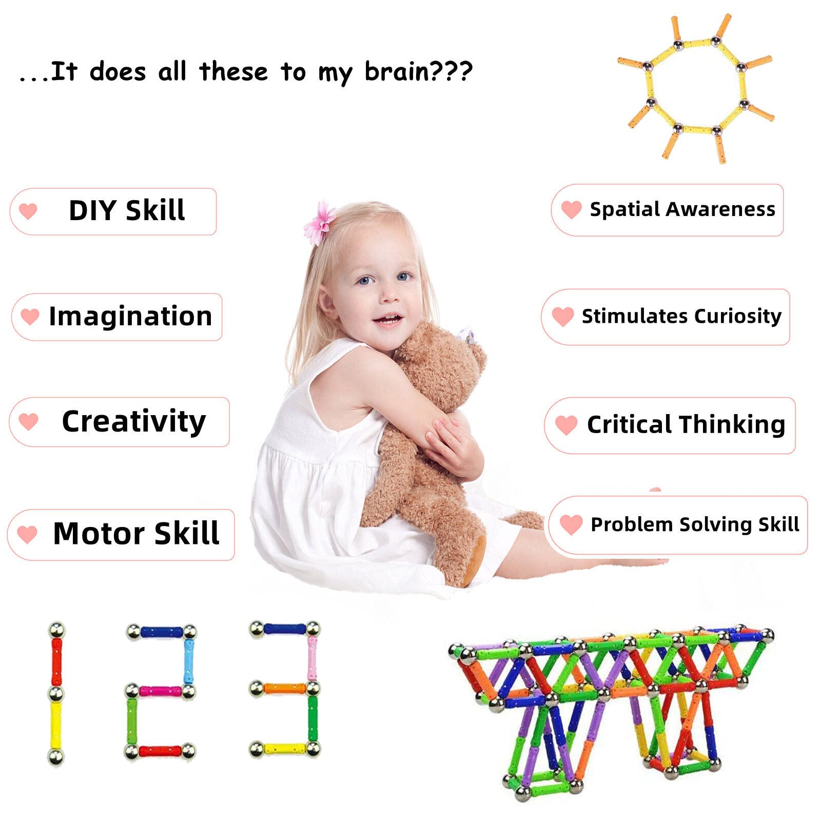 182 Pièces Blocs Magnétique 3D Jouet de Puzzle Jeux de Construction avec Bâtons Colorés Cadeau de Vacances Montessori pour Les Filles et Garçons de Plus de 4 Ans