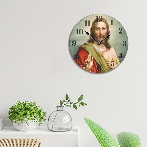 Miniatura 4 de ArogGeld Reloj de pared de Jesucristo, reloj religioso, silencioso y redondo, de madera, funciona con pilas, reloj colgante decorativo para oficina,