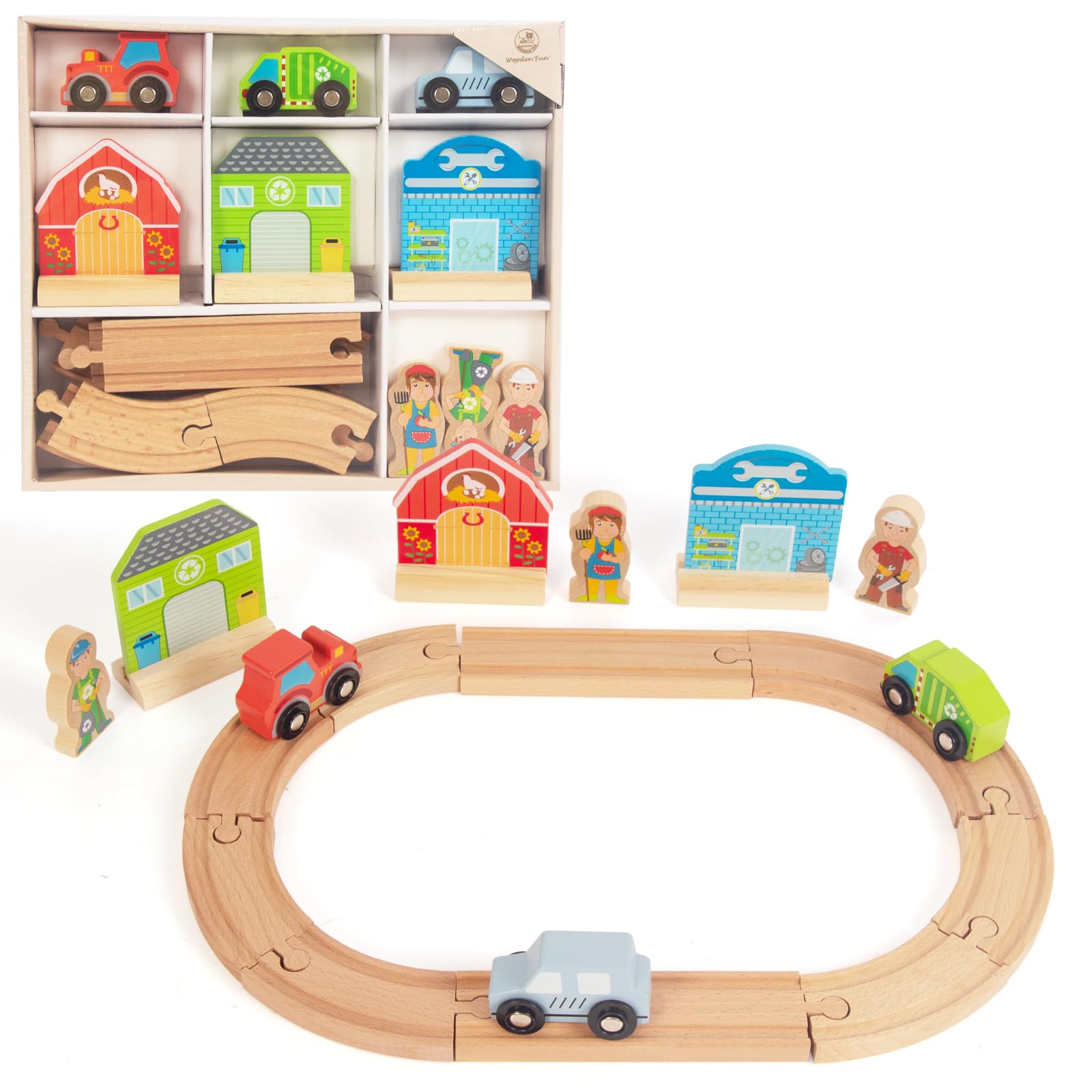 WoodenFun Wooden Rail Trolley Set Agriculture, Urban Health Theme Children Toy Wooden Railway 3 4 5 Years
