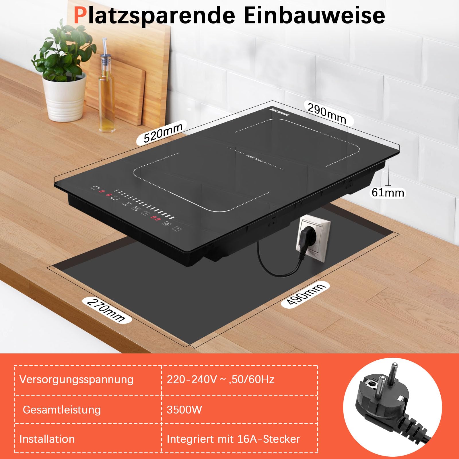 Karinear Induktionskochfeld 2 Platten Einbau,Flexzonen mit Stecker, 3500W | Mobiles Induktion Kochfeld 2 Platten Freistehend, Touch-Bedienung, 9 Leistungsstufen, Timer, Kinderverriegelung, 220V