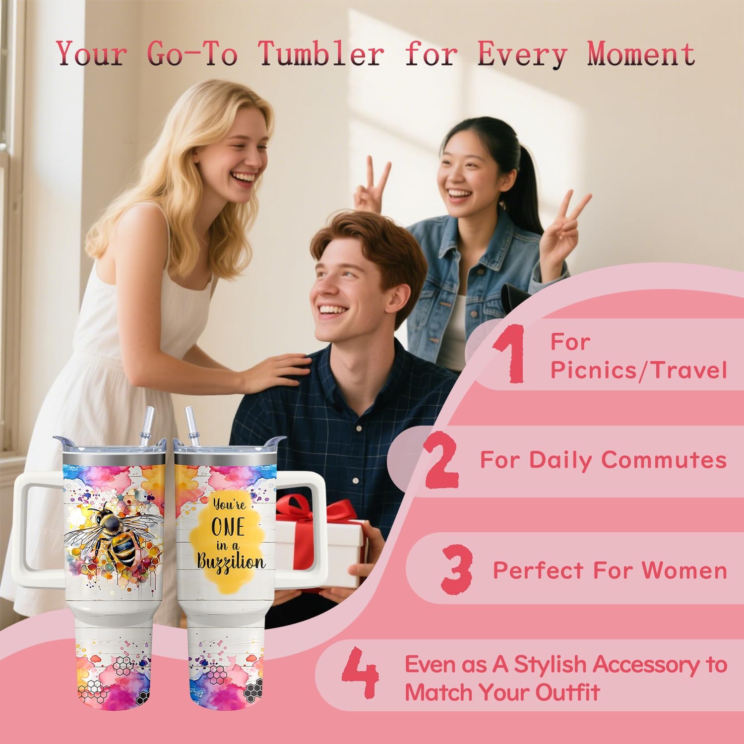 40oz Bee Tumbler with Handle and Straw, Honey Stainless Steel Insulated Cup with Lid and Straw, Travel Coffee Mug Water Bottle, Birthday Mothers Day Gifts for Women Men Animal Lovers - Image 2