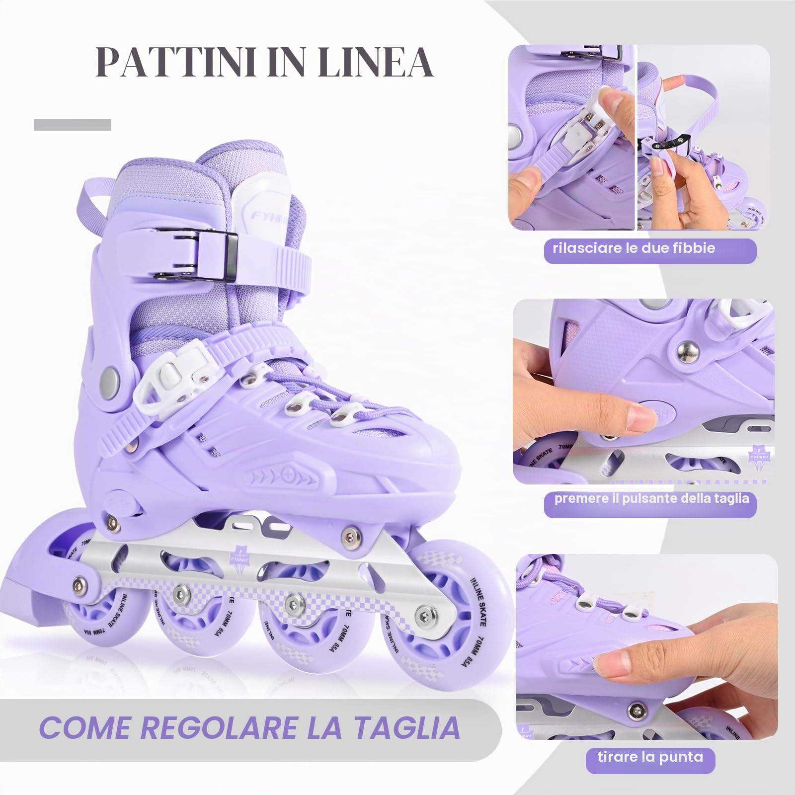 Pattini in Linea per Bambini, Telaio in Alluminio, Misura Regolabile, Viola