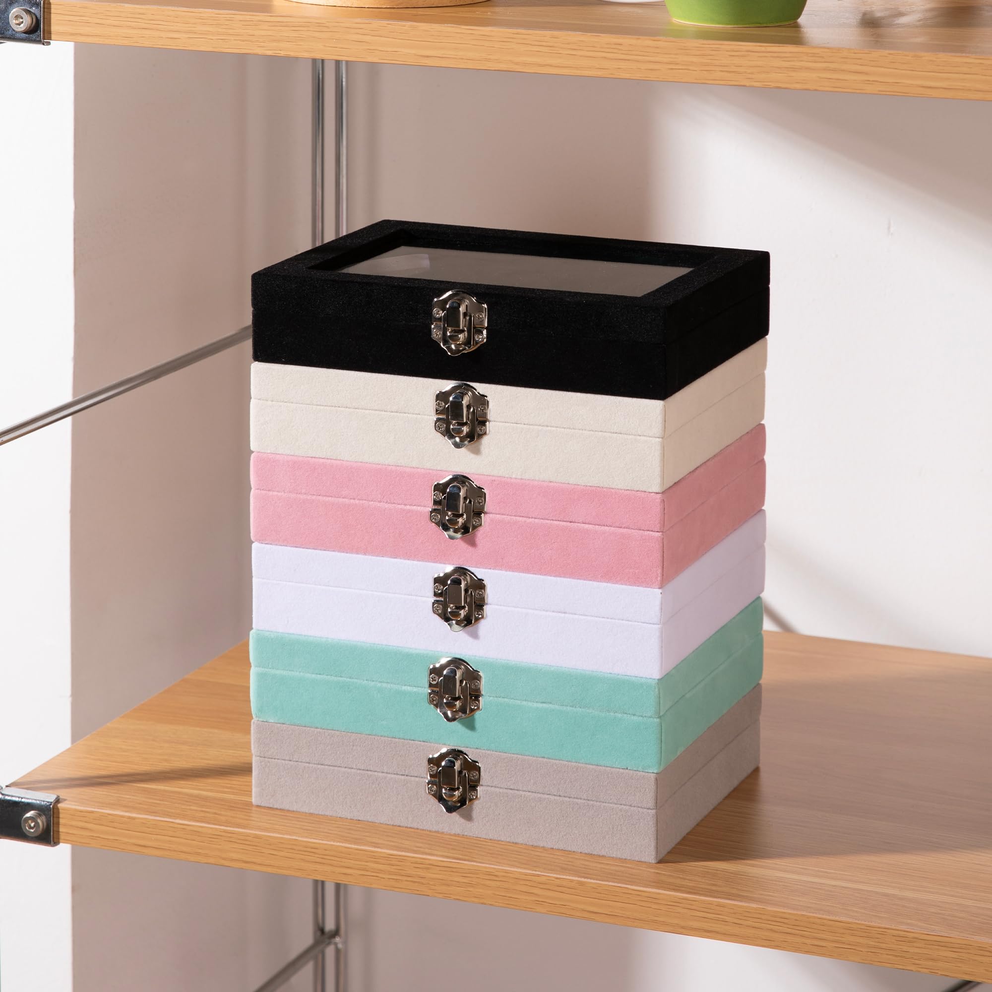 Frebeauty Bandeja de joyería de 24 rejillas, organizador de aretes de terciopelo, organizador de joyas pequeño con tapa transparente, organizador de aretes con cerradura, cajas de joyería y soporte