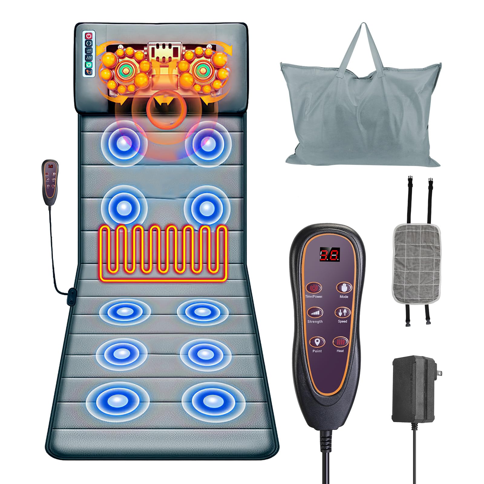 Full Body Massage Mat with Heat,Massage Mattress with Shiatsu Neck Massager & Movable Neck Back Massager Pillow,10 Vibrating Motors,9 Massaging Modes & Timer for Back Leg Pain Relief