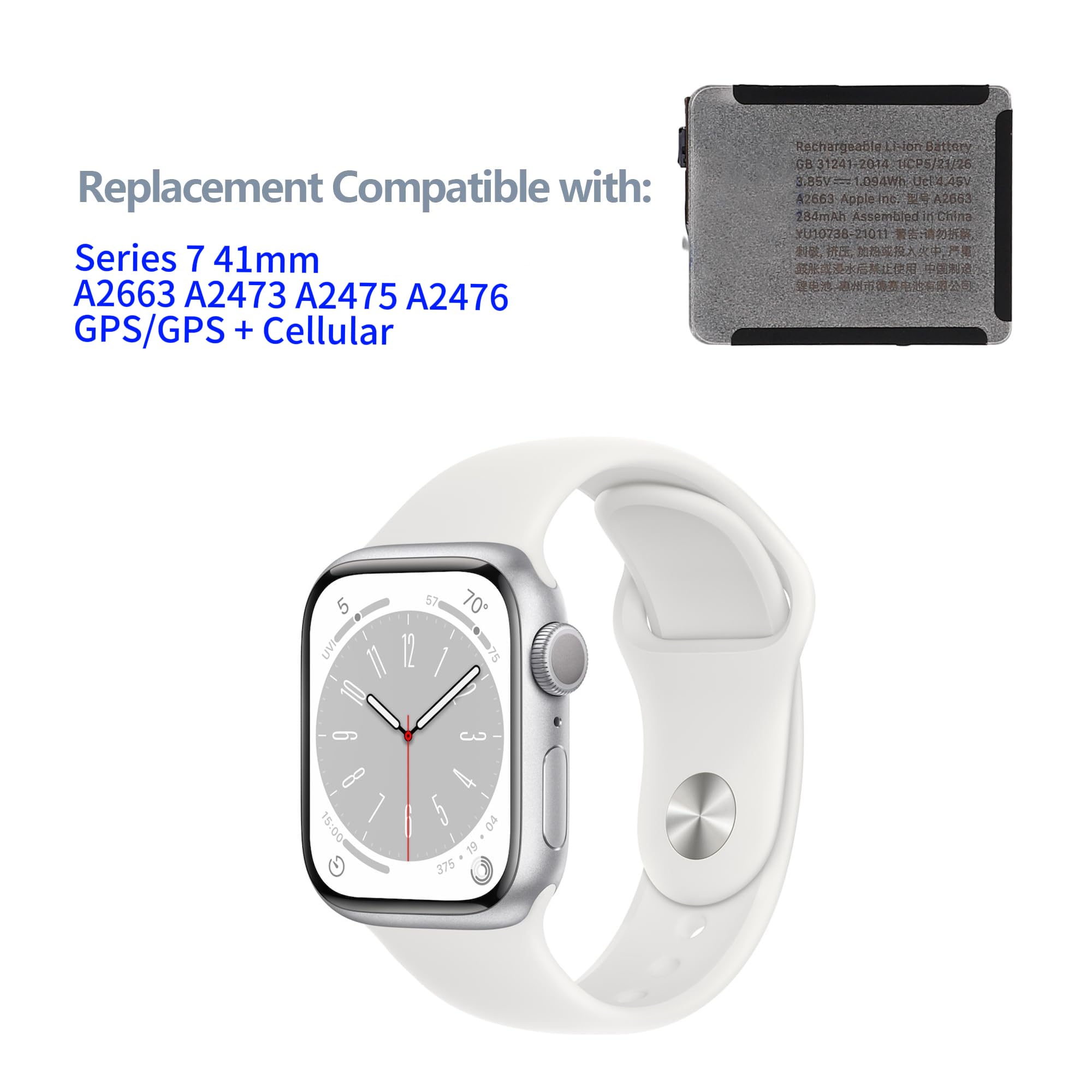 A2663 Akku Kompatibel mit Apple Watch Series 7 41mm A2663 A2473 A2475 A2476 GPS/GPS + Cellular Version Ersatz der Batterie durch Werkzeuge