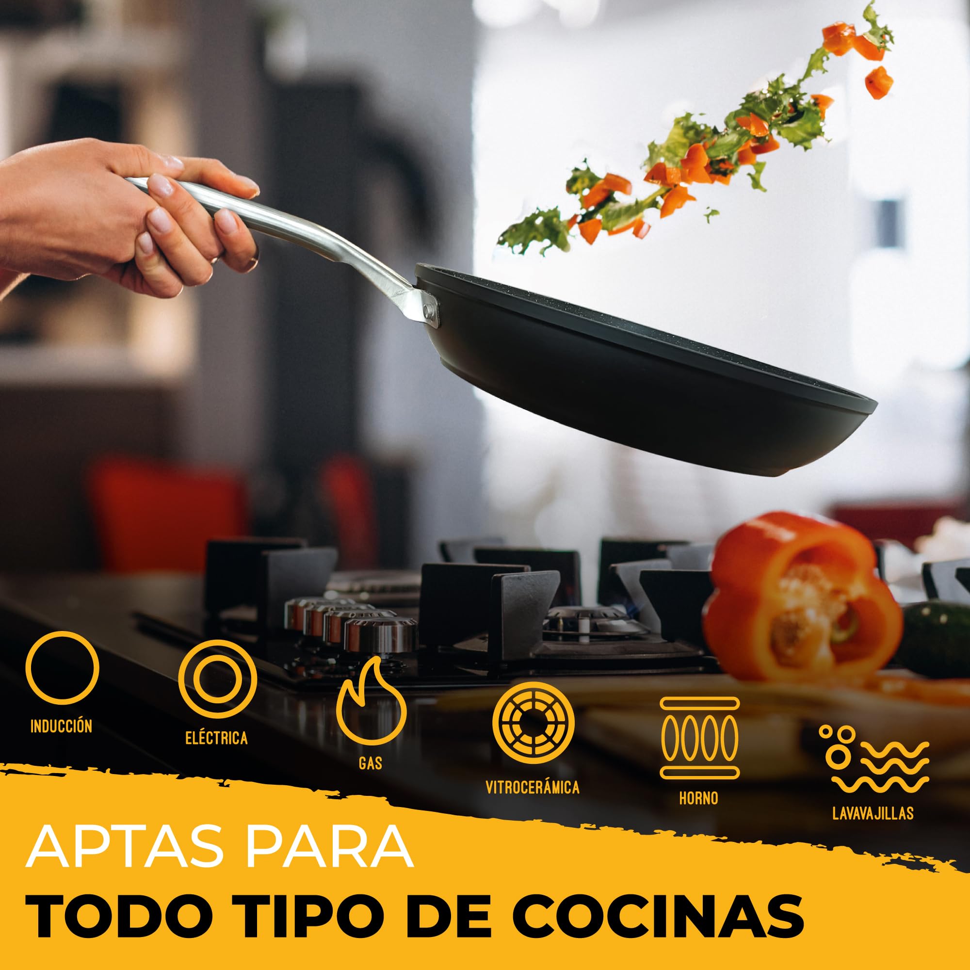 briebe Black Titanium Juego de 3 Sartenes Antiadherentes Inducción Titanio 20-24-28cm, Aluminio Forjado, Recubrimiento sin PFOA, Mango Profesional Acero Inox, Vitrocerámica, Gas, 3 Protectores
