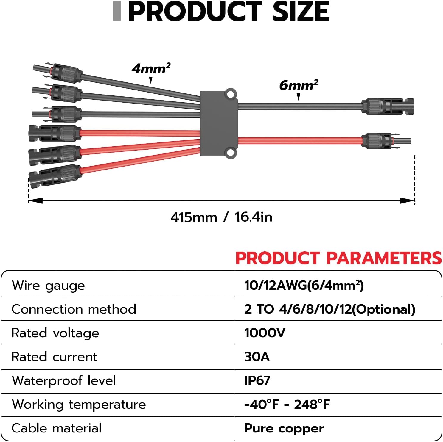 1 Pair Solar Connectors Y Branch 2 to 6,30A 1000VDC Solar Parallel Connectors for 2-3 Solar Panels,10AWG Adapter Solar Panel Connectors
