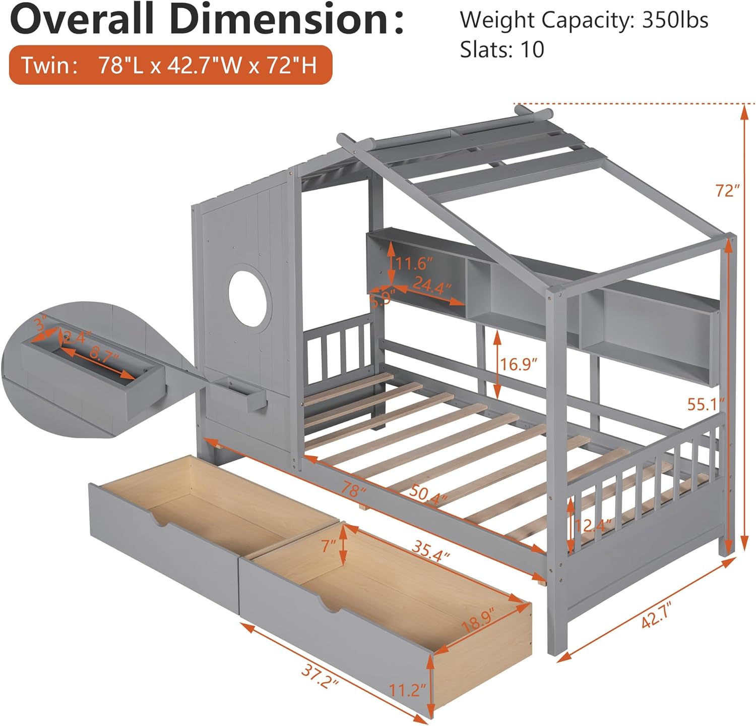 Twin Bed Frames for Kids, House Bed with Window and Fence, Wood Platform Bed Frame with Drawers and Shelves, Playhouse Bed for Boys Girls, Gray, 78" L x 42.7" W x 72" H