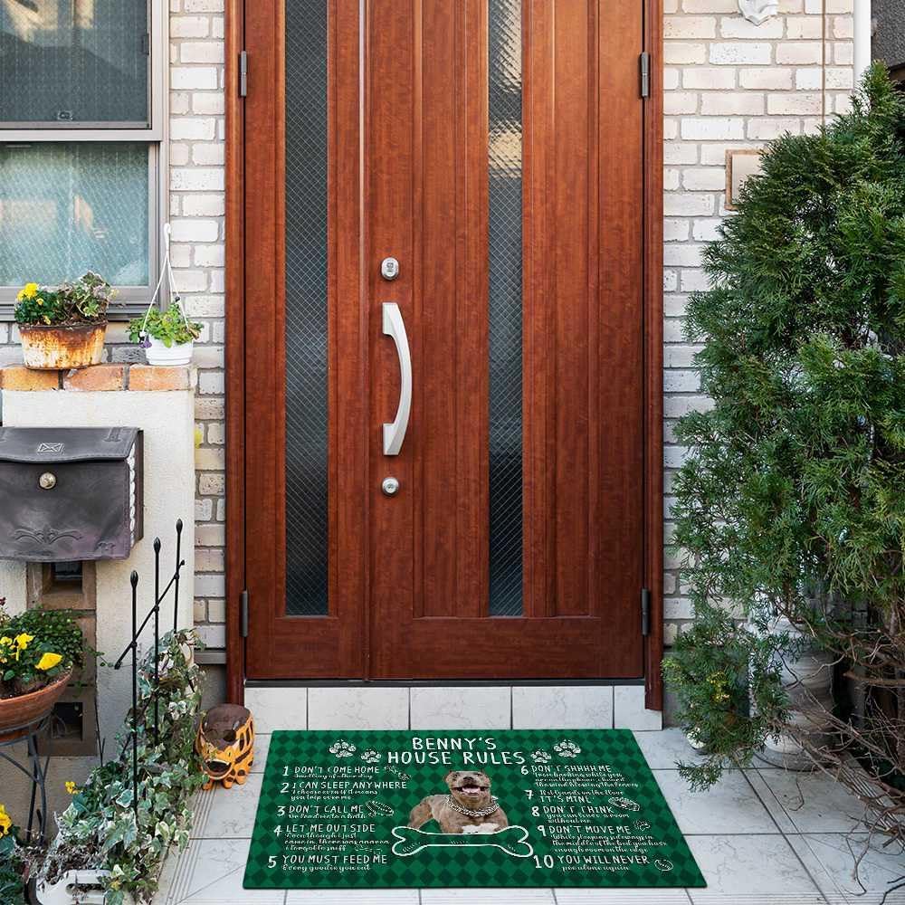 Custom Funny Blue Heeler Dog Doormat Dog's House Rules Paws Green Buffalo Check Plaid Door Mat Home Decorative Floor Mat 23.6" x 15.7"