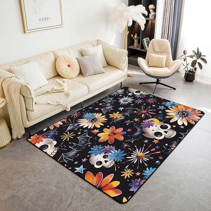 Erosebridal Sugar Skull Bats Area Rug 6'6