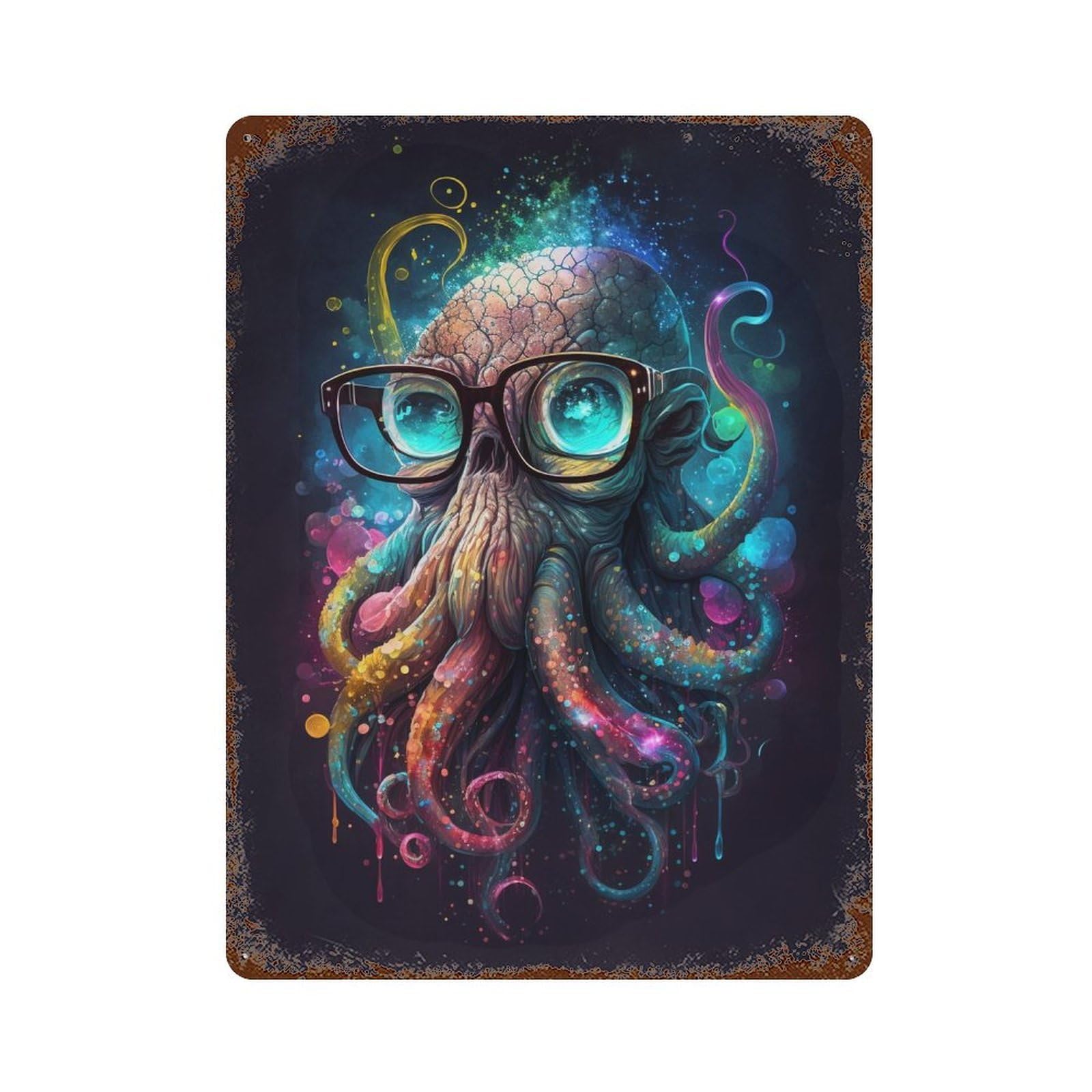 Colorful Octopus Art Print 15.7"x11.8" Weathered Tin Sign, Rustic Home Decor for Living Room, Hallway And Home Decor