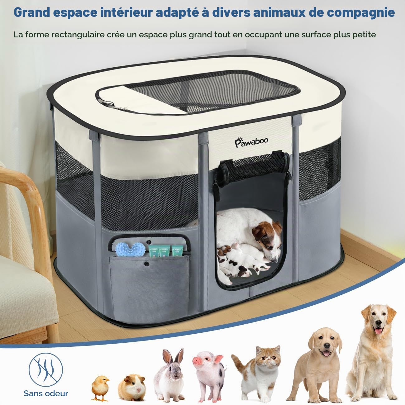Pawaboo Parc Portable pour Chien en Tissu Oxford 600D, Gris | Parc pliable avec fenêtres en maille, portes enroulables, sac de transport et gamelle pliable, 89 × 71 × 61 cm(L)