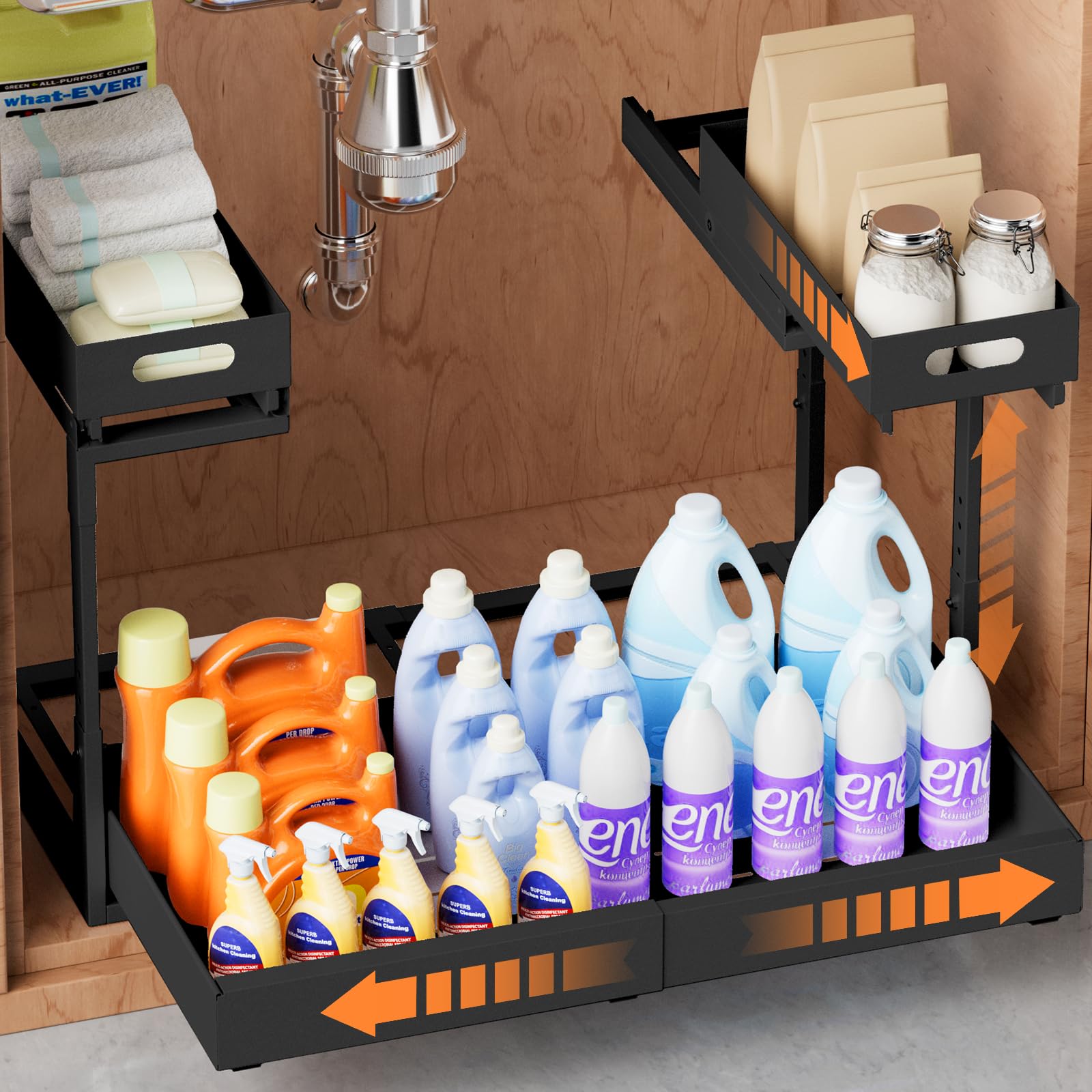 Upgrade 1 Pack Expandable Under Sink Organizer, 2 Tier Pull Out Cabinet Organizer with Smooth Ball Bearing Slides, Adjustable Width Height Slide Out Under Sink Drawers for Kitchen Bathroom, Black