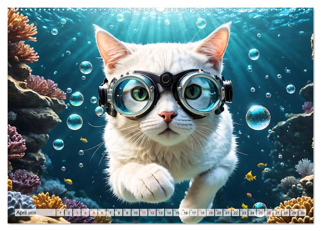 Katzen unter Wasser (Wandkalender 2026 DIN A2 quer), CALVENDO Monatskalender: Amüsante Bilder tauchender Samtpfoten verschiedener Rassen in einer traumhaften Unterwasserwelt (CALVENDO Tiere)