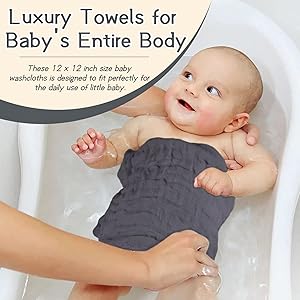 MUKIN Small Baby Washcloths, Soft Face Cloths, Newborn Absorbent Bath Wipes, Burp Cloths or Muslin Cotton Towels, Pack of 6, 12x12 inches (White,Dark Gray,Royal Blue)