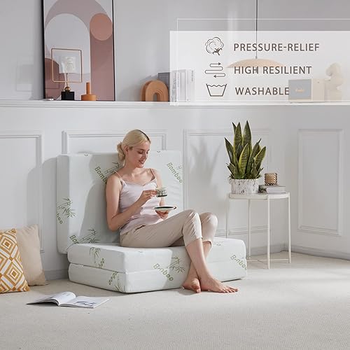 Miniatura 27 de SINWEEK Colchón plegable de espuma viscoelástica, cubrecolchón plegable de 4 pulgadas, cama de invitados certificada CertiPUR-US con funda de