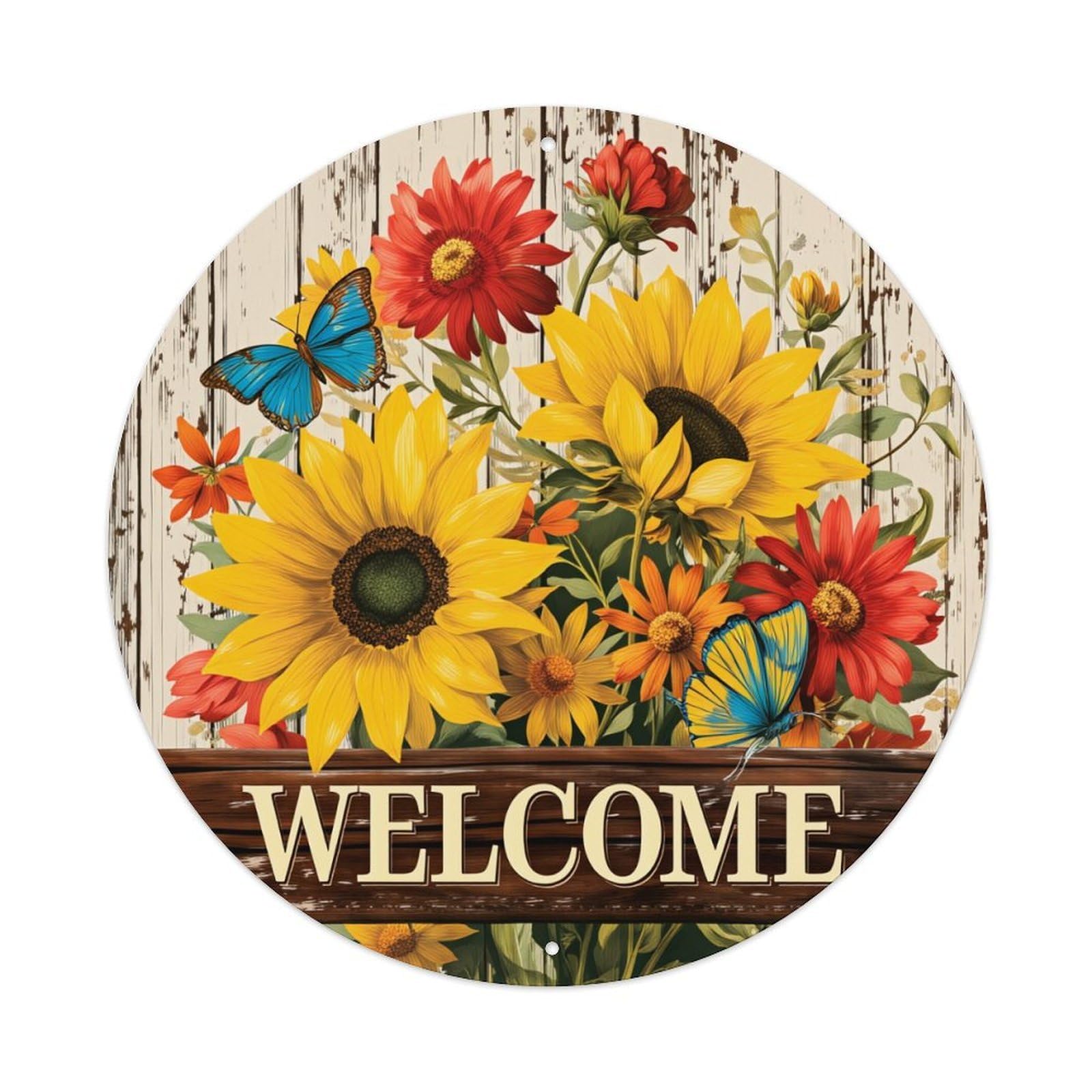 Floral Sunflower Butterfly Welcome Sign Round Tin Sign Retro Metal Sign for Cafe Bar Pub Home Game Room Gym Club Wall Decoration Vintage Metal Poster 8x8 Inch
