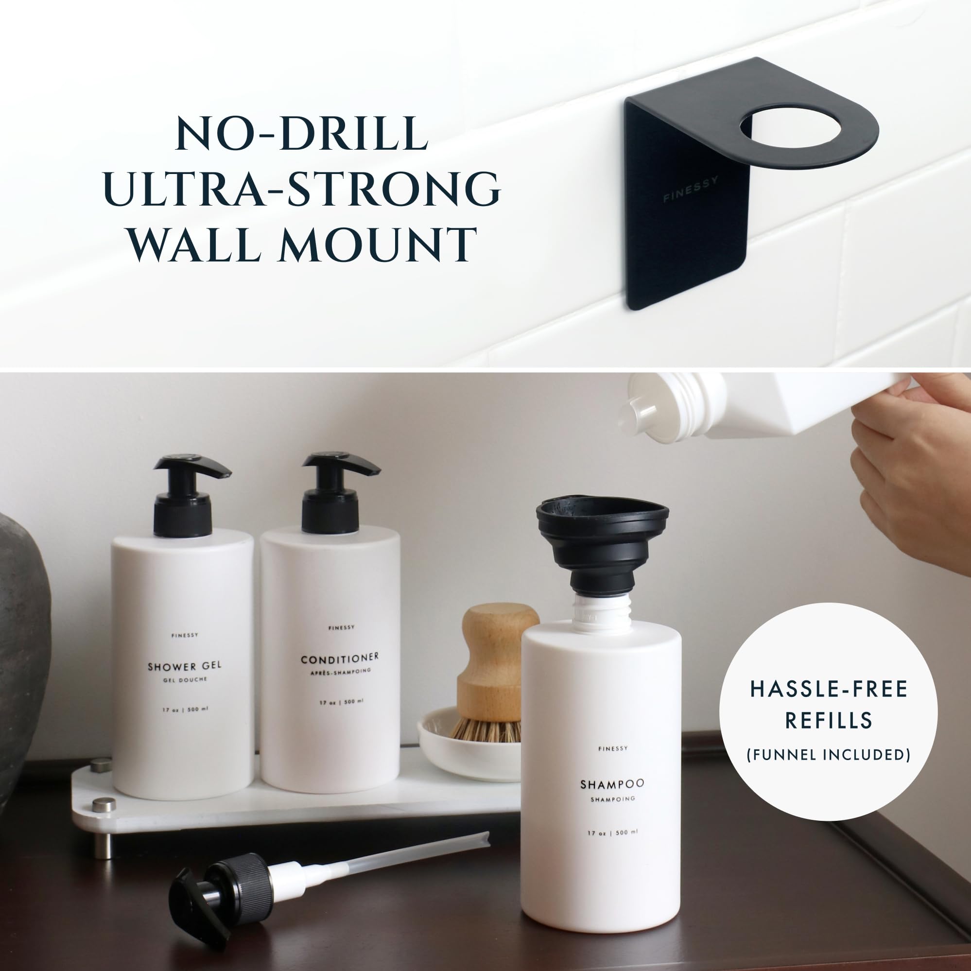 Dispensador de champú y acondicionador de montaje en pared sin taladro, para gel de ducha, jabón corporal, botella de jabón, botella blanca recargable de 3 cámaras, dispensador de champú de baño de