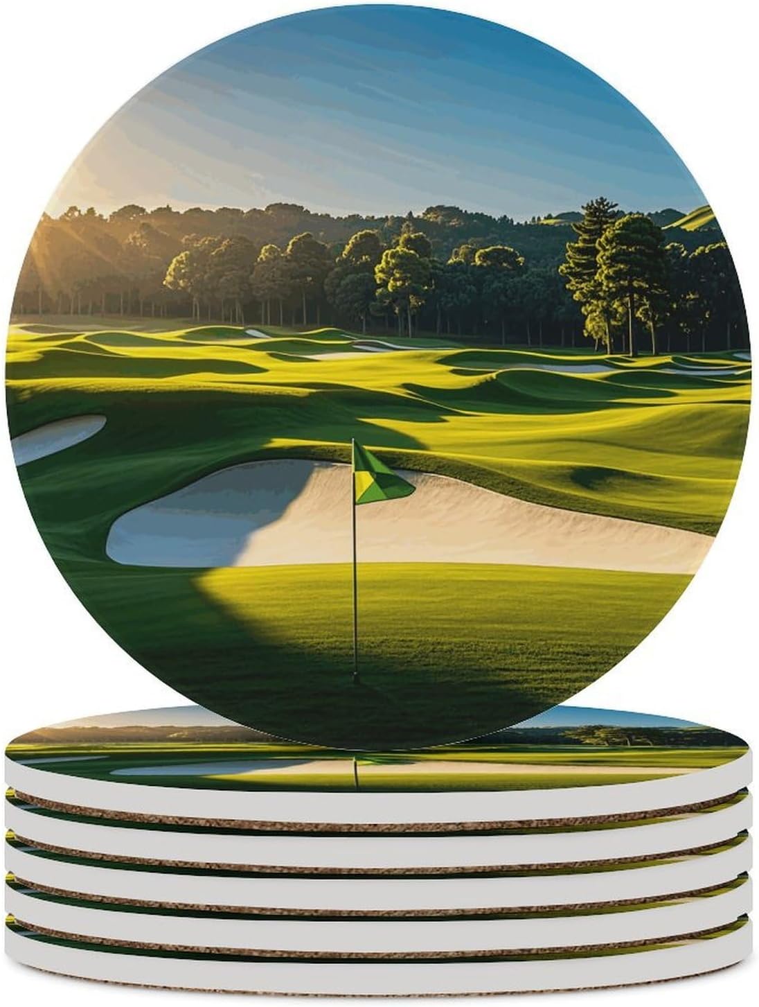 6PCS Green Golf Course Coasters Non-Slip Round Drink Coasters with Ceramic Stone and Cork Base, Heat Resistant Absorbent 33.00Stone Coaster Set for Kinds of Mugs and Cups, 4 Inch