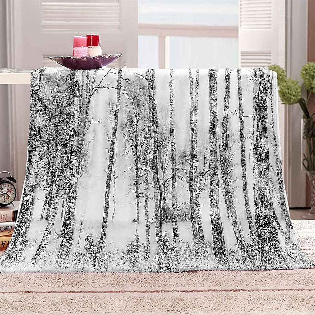 Couverture polaire douce impression 3D paysage d'arbres gris pour un cadeau cocooning
