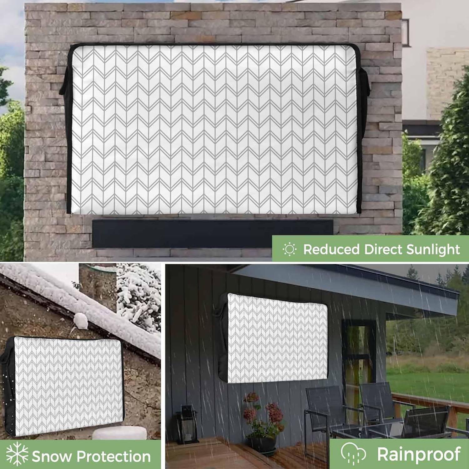 Outdoor TV Cover 50 Inch White Geometric Waves TV Enclosure Abstract Stripes TV Covers for Outside TV Display Screen Protector with Remote Control Pocket Home Decor
