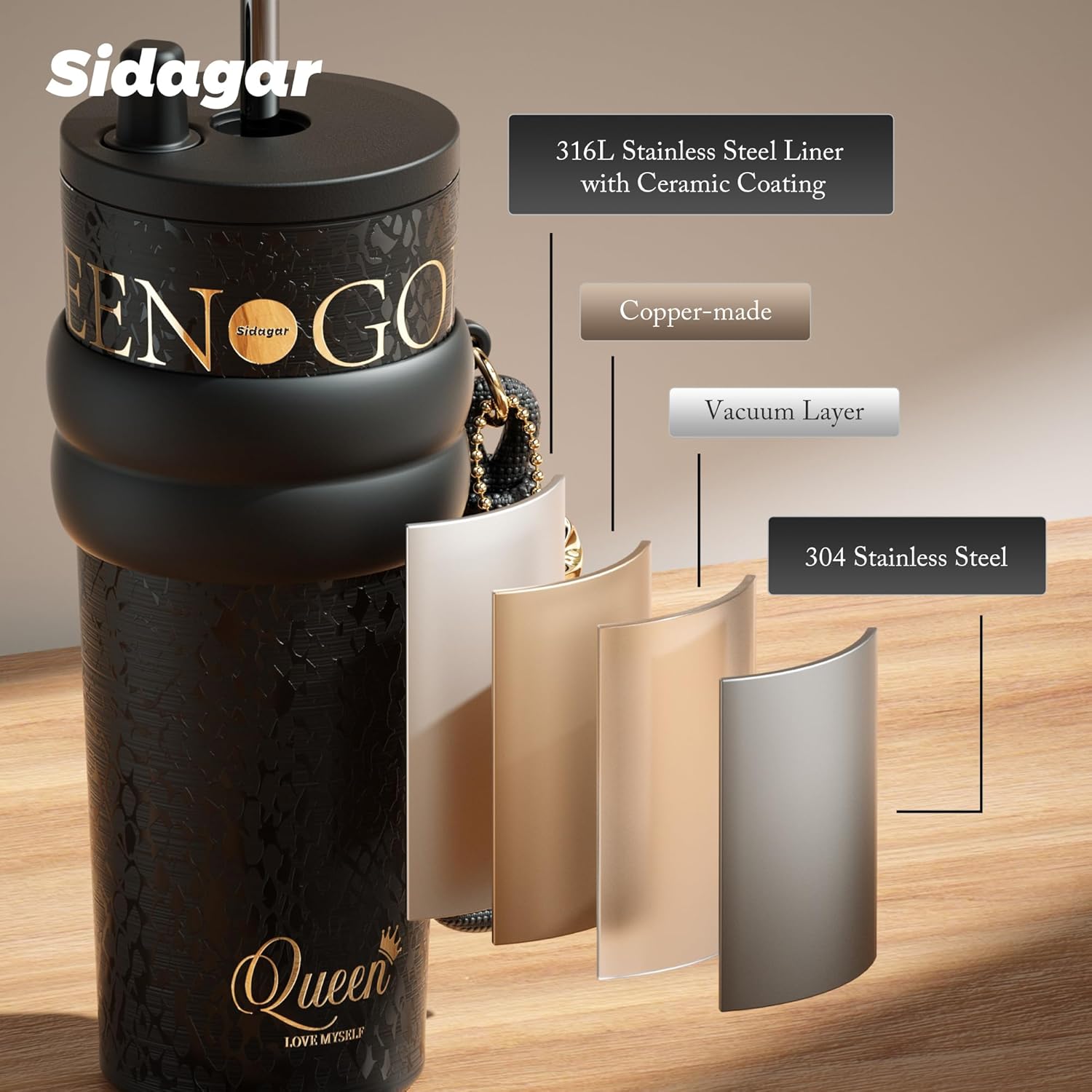 24 oz Stainless Steel Tumbler with Lid and Straw, Insulated Water Bottle Leak Proof for Hot and Cold, Portable Travel Coffee Mug, Reusable Coffee Cup for Women, Matte Black