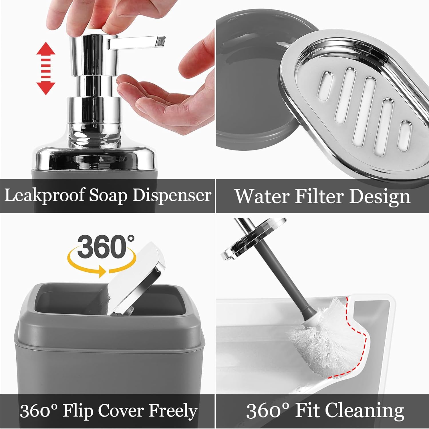 Grey Bathroom Accessories Set, Bathroom Sets with Shower Curtain and Rugs, Trash Can, Tray, Soap Dispenser, Soap Dish, Toothbrush Holder, Toothbrush Cup,Toilet Brush and Qtip Holders for Home