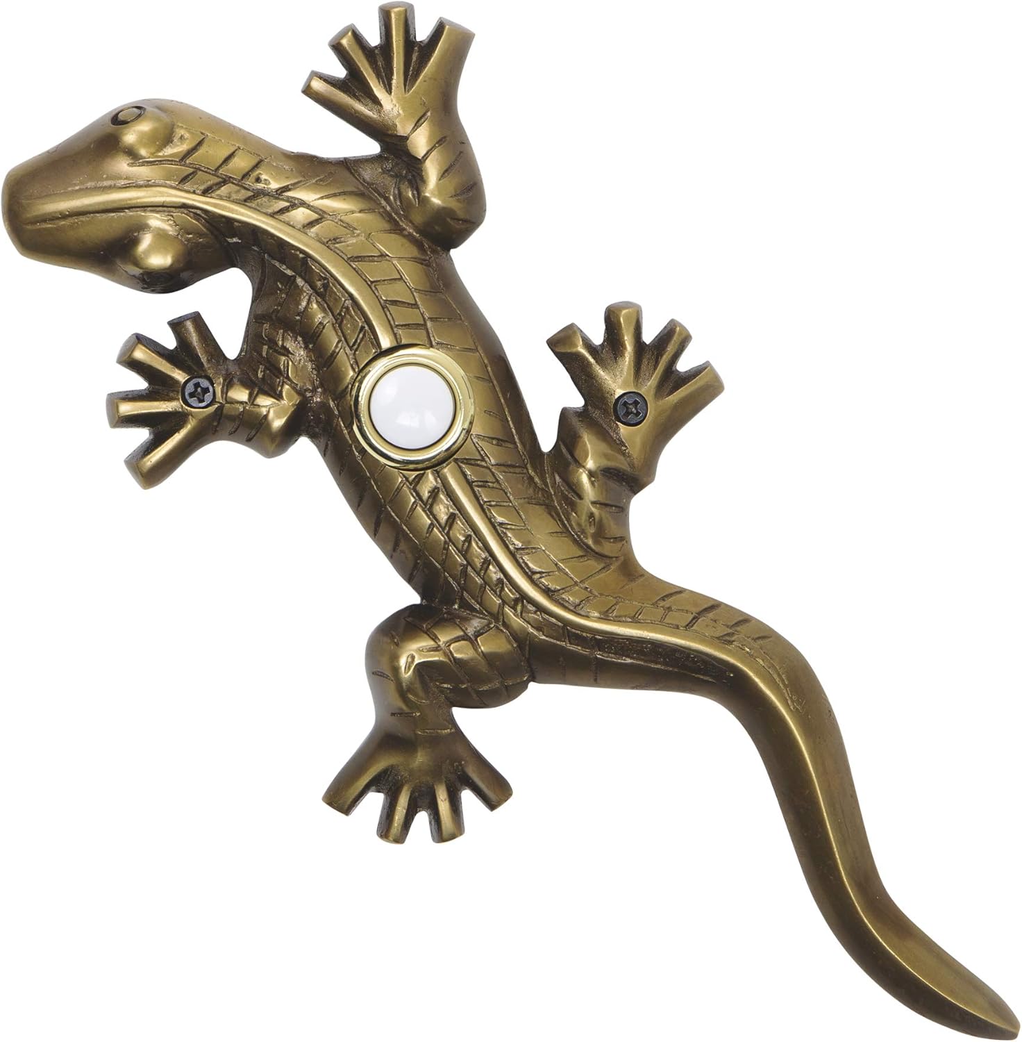 Solid Brass Large Lizard/Gecko Doorbell in Antique Finish - Wired & Illuminated Push Button - Environmentally Friendly Recycled Material