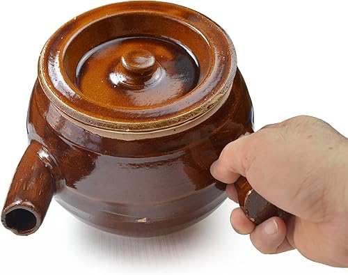 Miniatura 6 de Cacerola de arcilla de 60 onzas, resistente al calor, hecha a mano con tapa para cocinar a tierra (marrón crema)