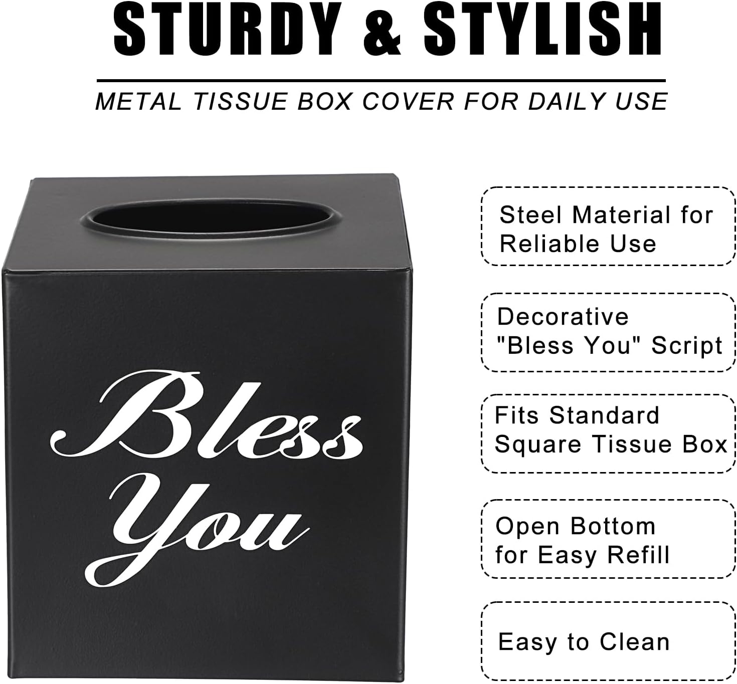Sumnacon Tissue Box Cover Square, Bless You Tissue Holders, Decorative Tissue Box Holder Open Bottom, Cube Metal Tissue Cover for Bathroom, Bedroom, Living Room, Office, Tabletop, Gift Option, Black