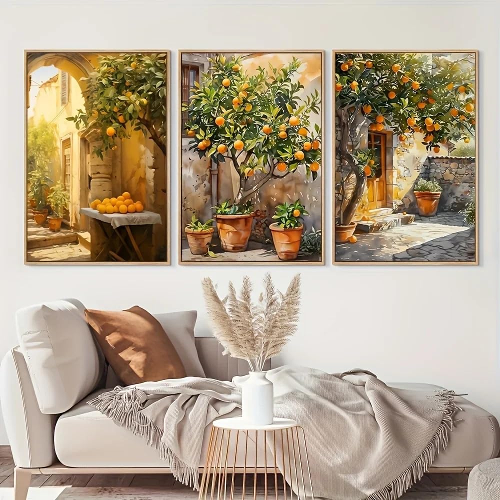 ZHUOYA 3 stampe su tela con paesaggio cottagecore vintage, poster con albero d'arancio, stampe artistiche in stile country, decorazioni per la casa (80 * 120x3 cm/senza cornice)