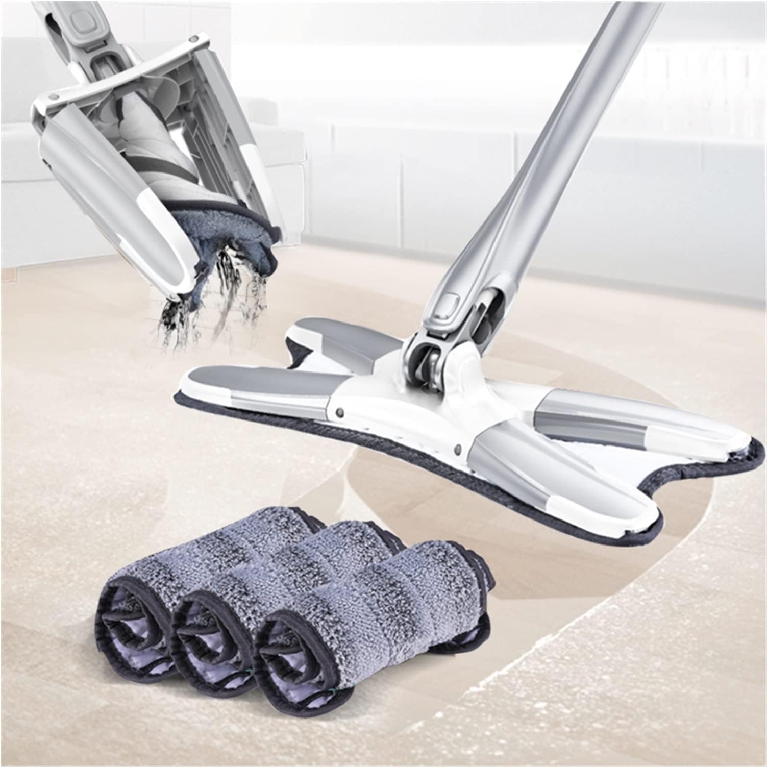 Mop/Flat Floor Mop X Type Microfiber Floor Mop Self Twist Microfiber Mop Manual Squeeze Household Cleaning Tool Flat Mop Floor Cleaning System (Gold)