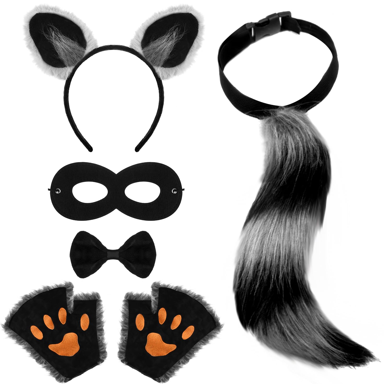 XLSXEXCL6 Pieces Kids Raccoon Costume Accessories Set Animal Raccoon Ears Headband Claw Gloves Tail Bow Tie and Mask for Boys Girls Adult Halloween Christmas Carnival Cosplay Party Animal Suit
