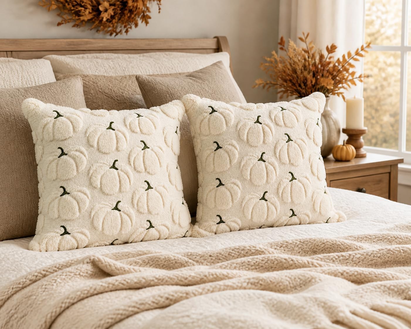 Fall Pumpkins Decorative Pillow Covers 18"x18" Set of 2, Beige Soft Plush Faux Fur Throw Cushion Cases for Autumn Thanksgiving Holiday Home Decorations