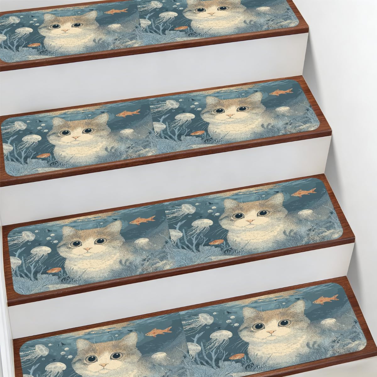 Alfombras para escaleras de 7.8 x 30 pulgadas antideslizantes interiores diseño gatos marinos