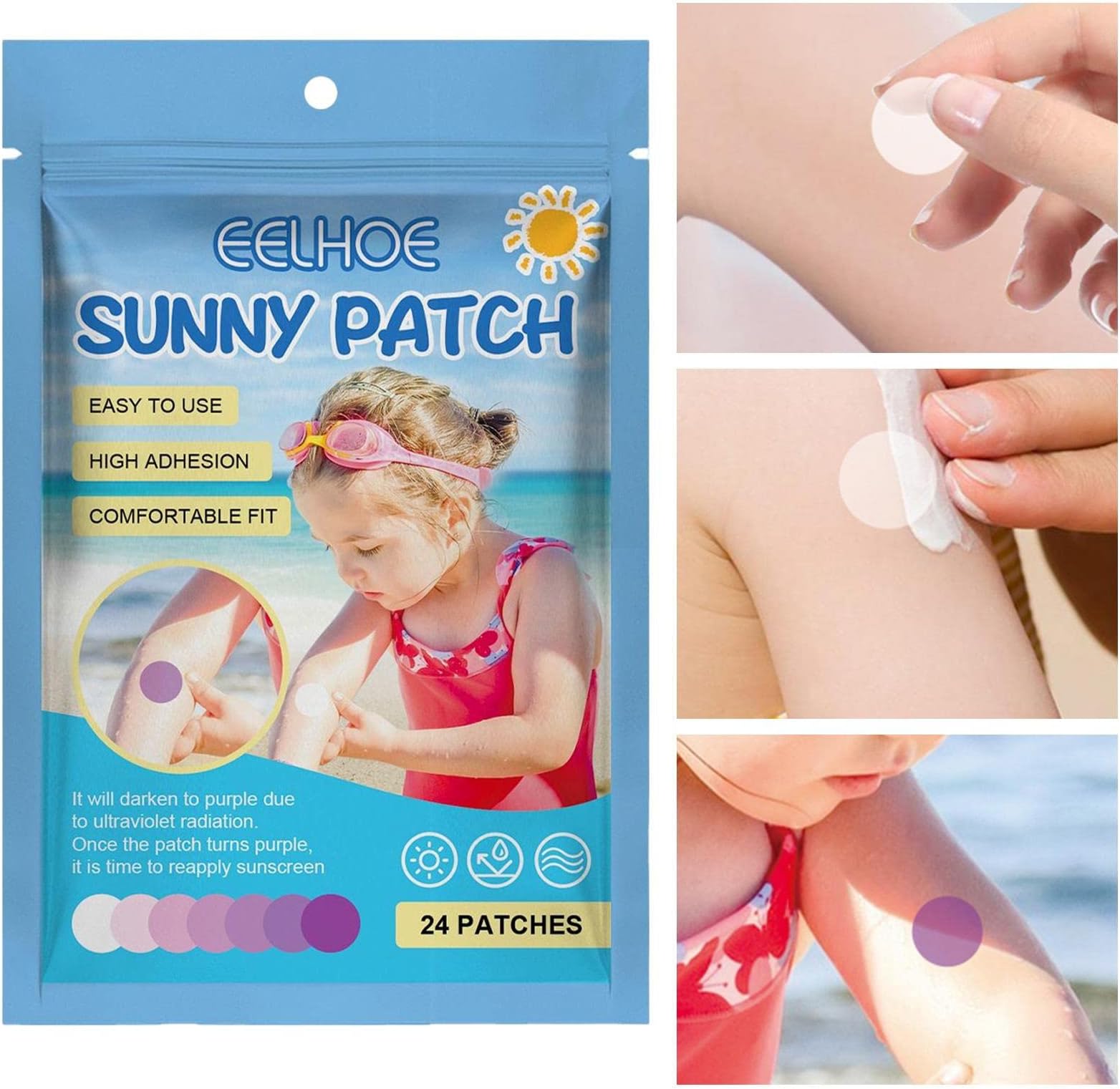 Sunscreen Patch UV Stickers | Instant Sun Stickers UV Detection Stickers to Know When to re-Apply Sunscreen | Self Adhesive Sunscreen Stickers for Kids and Adults, 24pcs