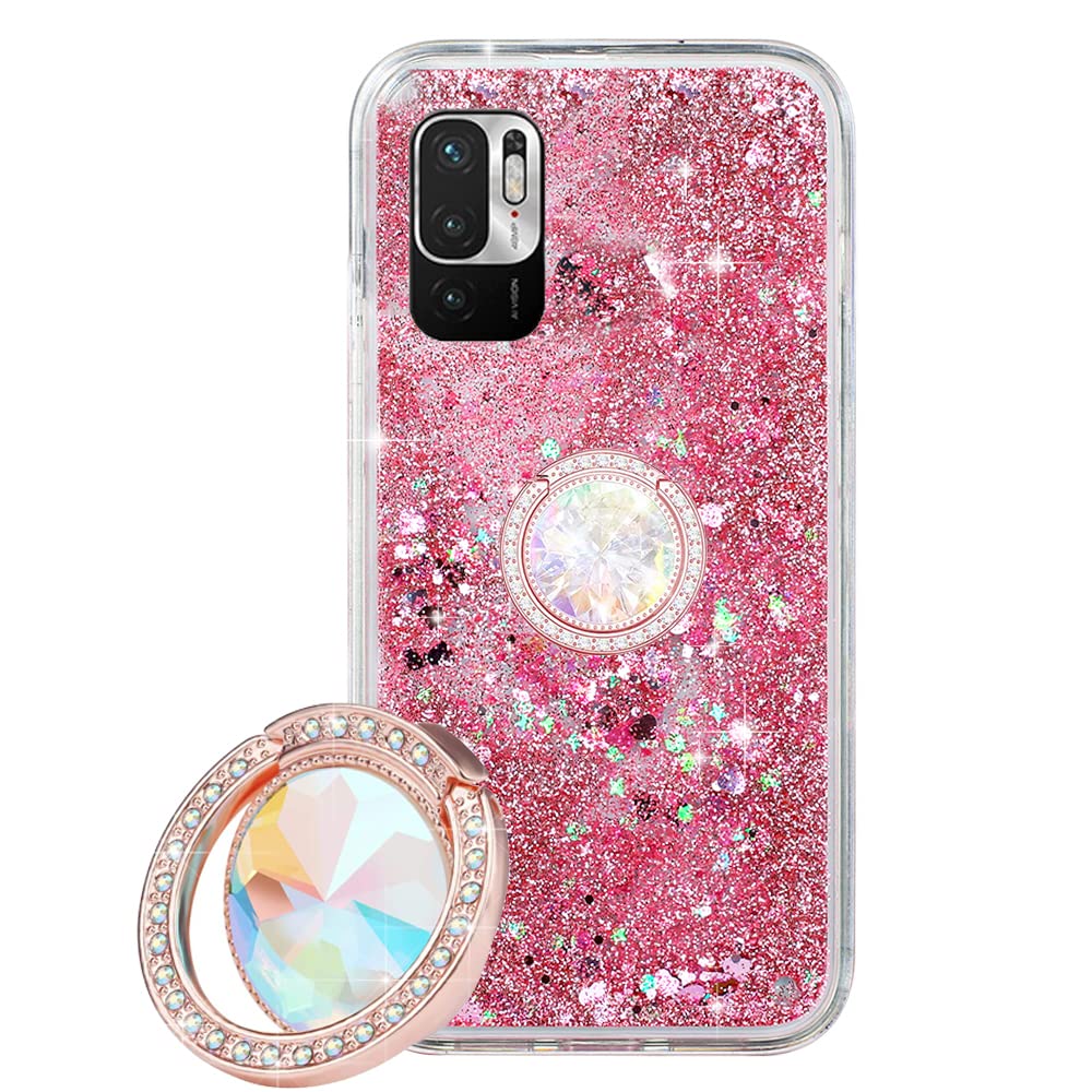 SEEYA Case for Xiaomi Redmi Note 10 5G Glitter Liquid Case with Ring Holder, Pink Shiny Diamond Clear Transparent Silicone TPU Bling Sparkle Floating Quicksand Flowing Sand Phone Cover Shockproof