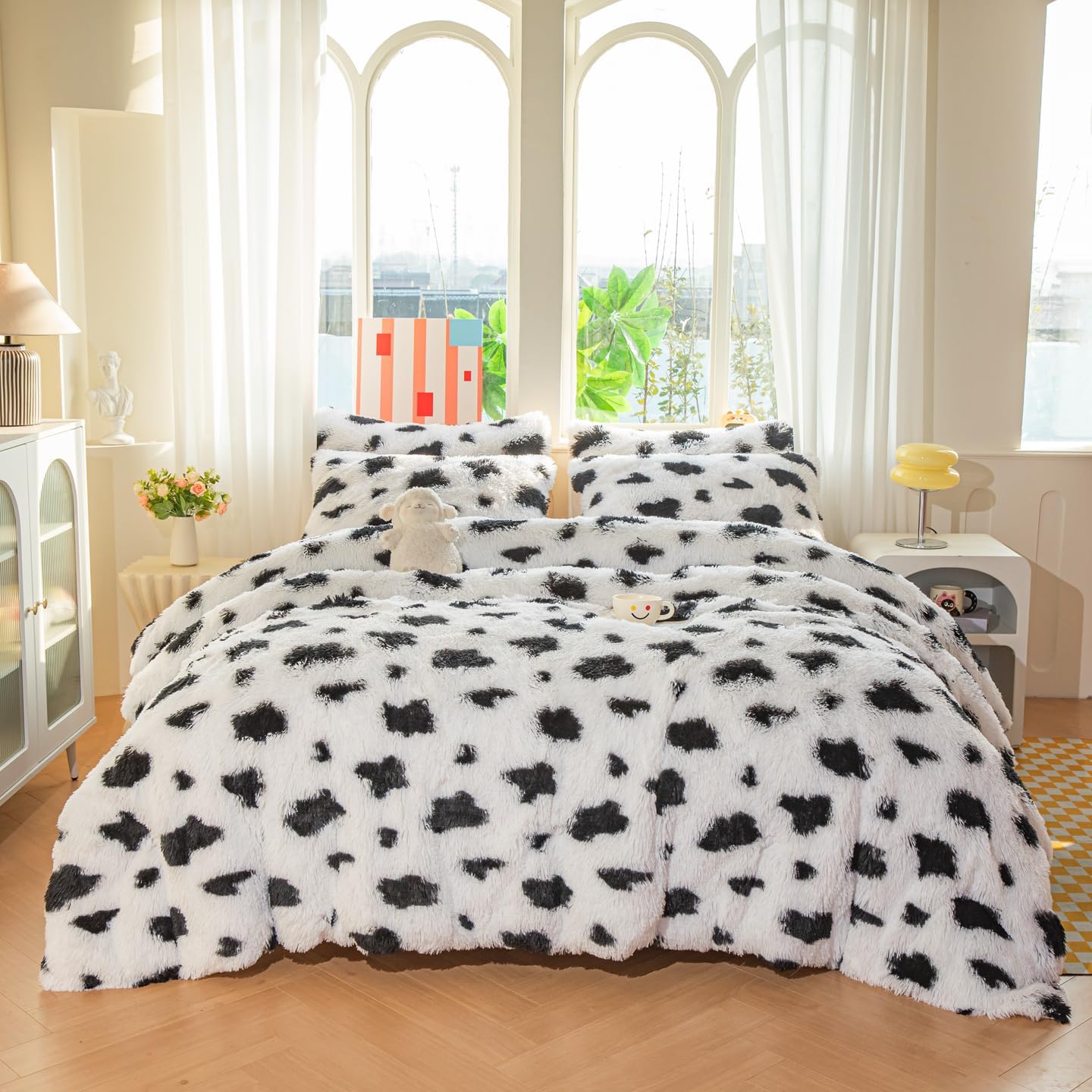 Kids Girls Faux Fur Cow Print Comforter Sets Twin/Full - 3PC Bed Set Skin Friendly Soft Warm Comfortable Classical Rabbit Plush Velvet Flannel Fluffy Fuzzy Bedding(Comforter x 1 Pillowcases x 2)
