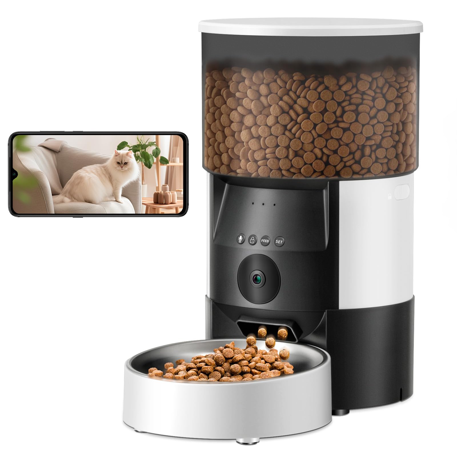 Ducksky Automatic Cat Feeder with Camera, 2.4Ghz WiFi Timed Dog Food Dispenser with APP Control, 3L Auto Dry Food Feeders for Pets with HD Video, 1-8 Meals/Day, 10s Voice Recorder (Camera and WiFi)