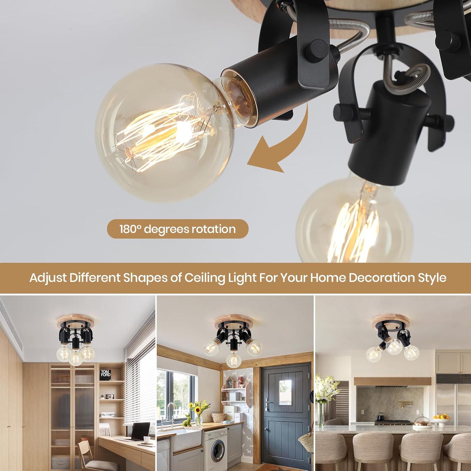 SEEBLEN 3-Light Round Flush Mount Ceiling Light，Rustic Ceiling Track Lighting with Wooden Base, Adjustable Multi-Directional Kitchen Light fixtures for Dining Room Hallway Entryway Bedroom.