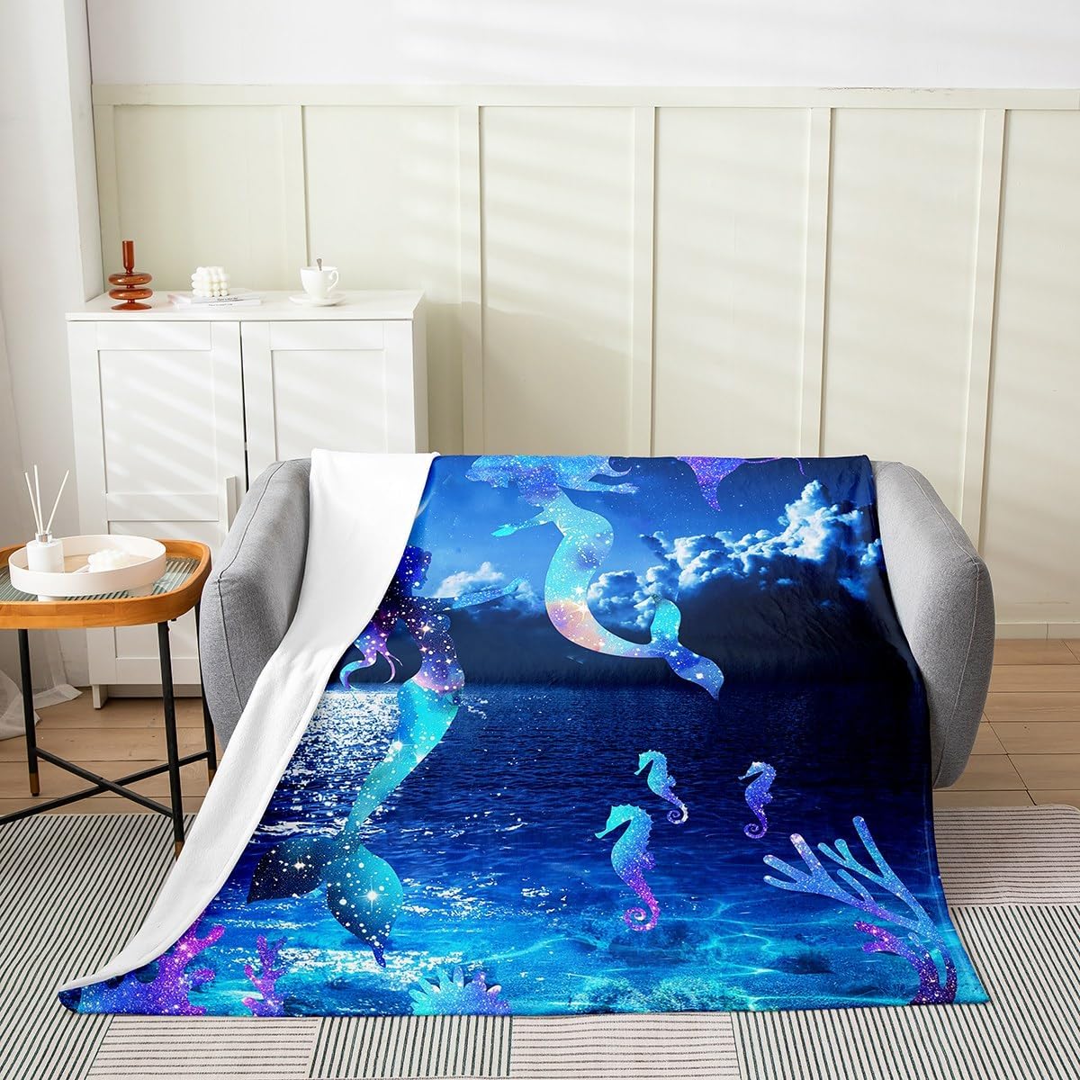 Gradient Mermaid Fleece Throw Blanket Super Soft Cozy Sea Moonlight Flannel Blanket for Kids Women Adults Seahorse Coral Plush Blanket Fairy Tale Fuzzy Blanket for Sofa Bed Couch(60x80 Inches)