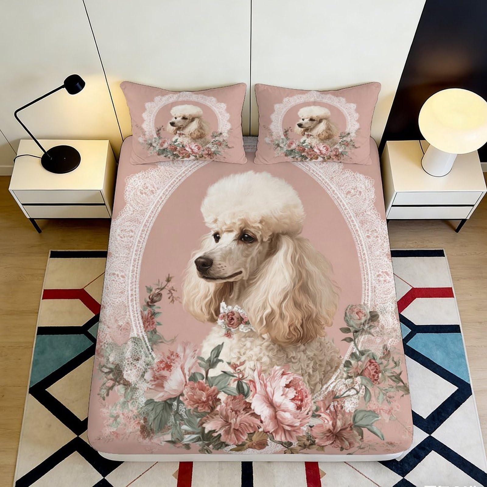 3D Printed White Poodle Fitted Sheet Microfiber Soft Durable Floral Dog Design Bed Cover for Bedroom Dormitory Guest Room Mattress Protection 200x200x25cm