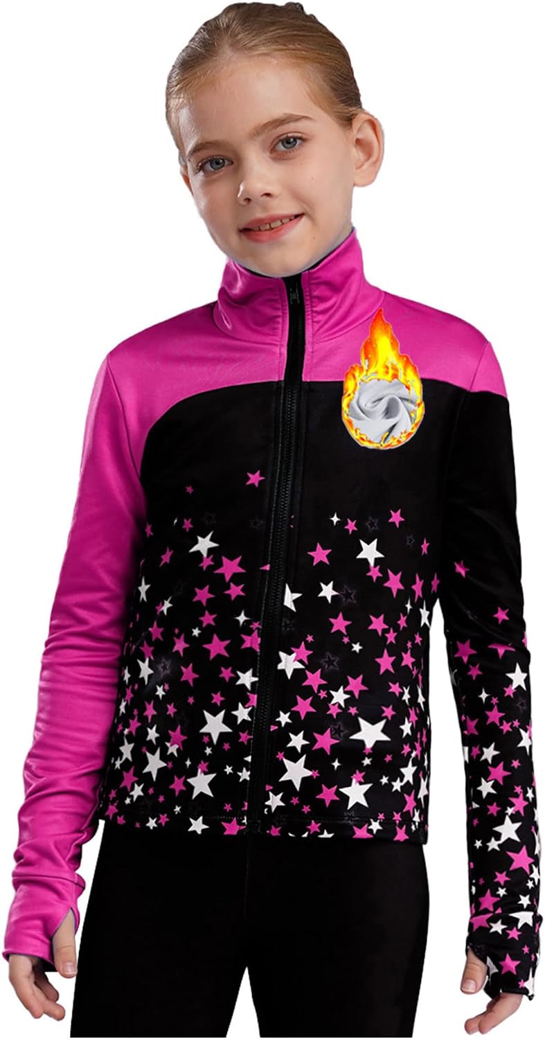 Yhong Kids Girls Figure Skating Jacket Long Sleeve Printed Coat Tops Teens Training Competition Outwear