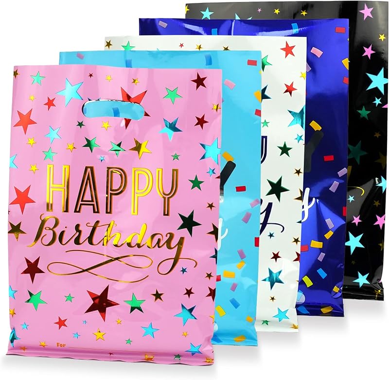 HAPMARS 50 Pcs Happy Birthday Goodie Bags, Plastic Treat Candy Bags Kids | Party Favor Bags with Handles, Small Return Gift Bags for Kids Baby Girls Boys Birthday Celebration