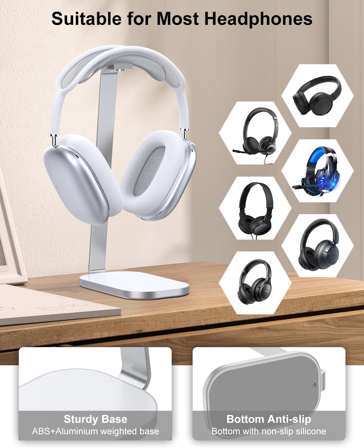 VICHYIE Headphone Stand for AirPods Max, Headset Holder with Aluminum Supporting Rod, Heavy Base Desk Stand Headphones Support Accessory for All Headphones - Silver White - Image 5